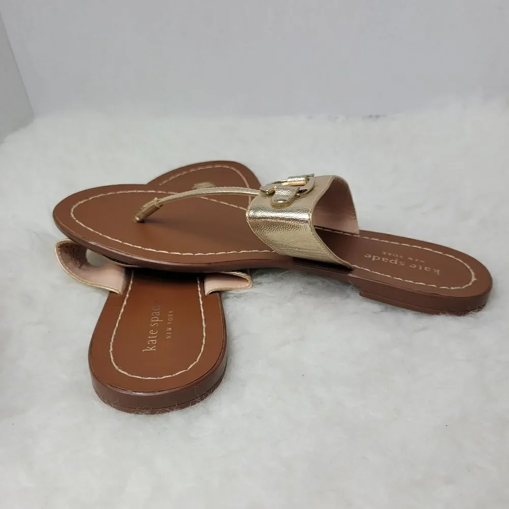 Kate Spade Cece Slide Gold Leather Thong Sandals Shoes Size 7.5